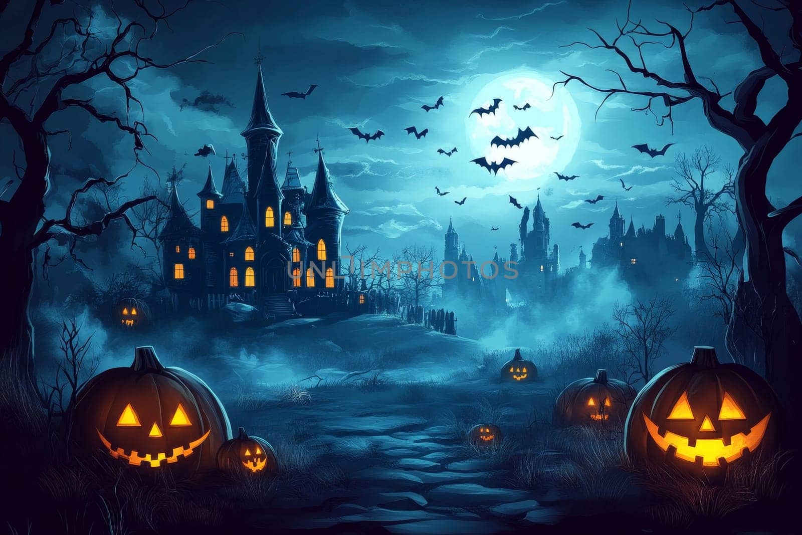Eerie Halloween night landscape with haunted castle, jack-o'-lanterns, flying bats, and full moon, creating a chilling and atmospheric fantasy setting.