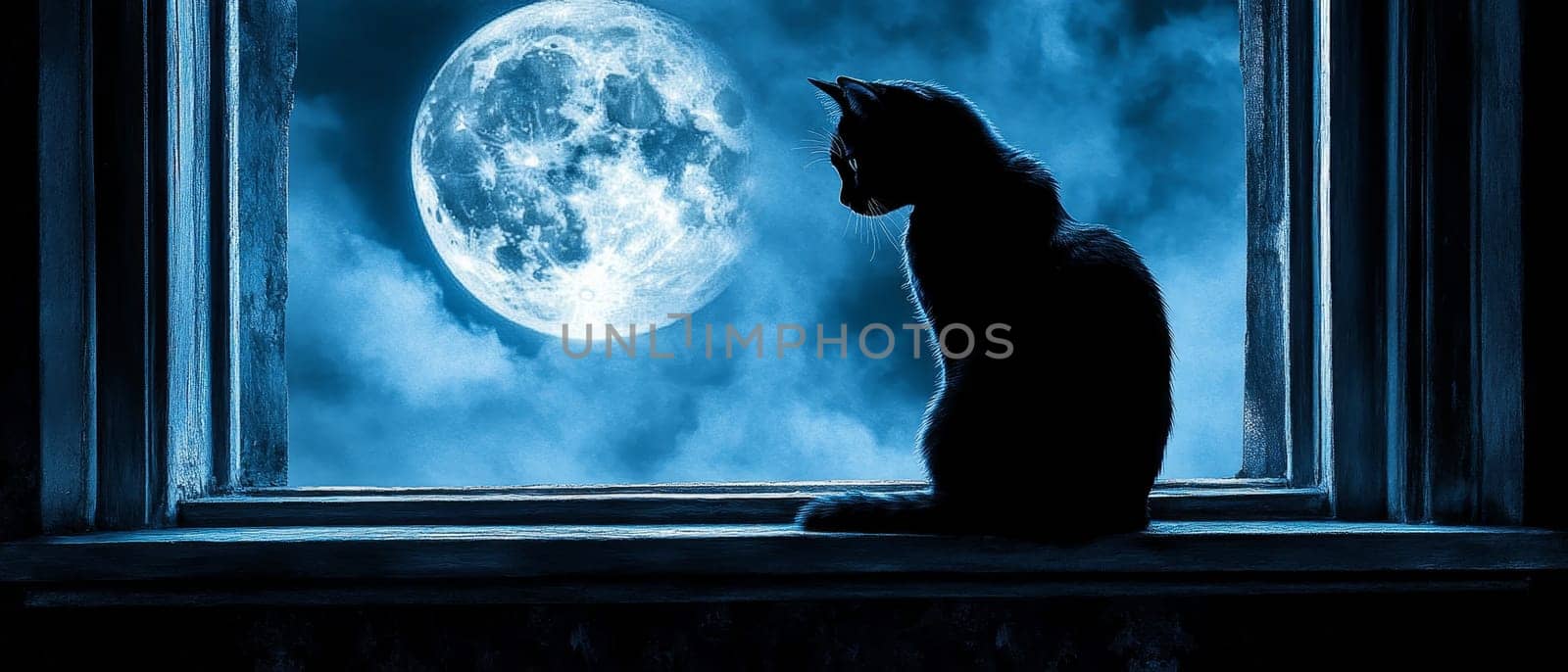 A black cat sits in a window, silhouetted against a large full moon in a cloudy night sky, creating a mystical and Halloween like atmosphere.