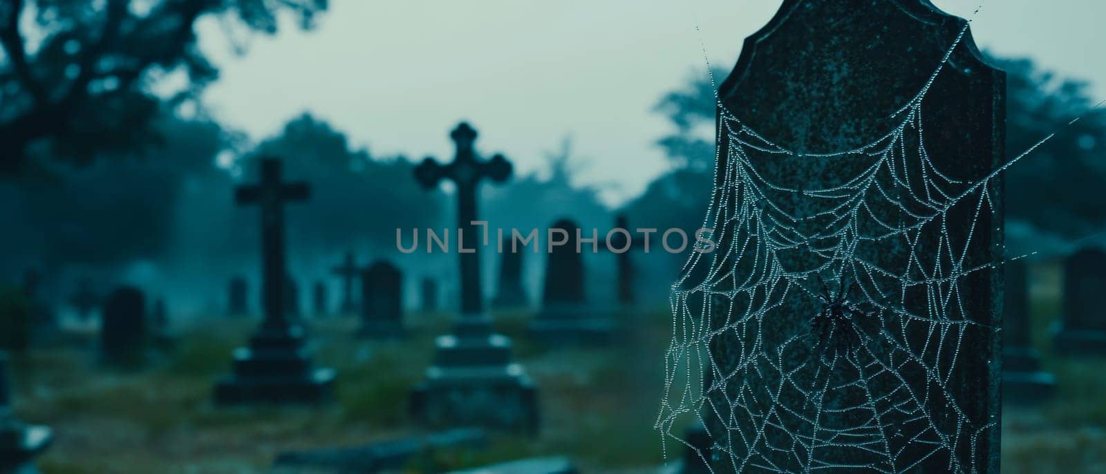 A delicate spider web with dew adorns a tombstone in a misty cemetery, evoking a haunting mood.