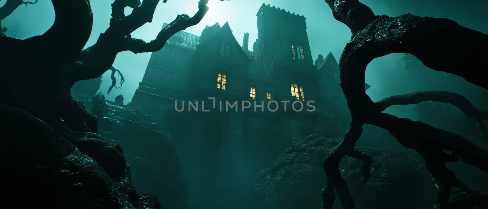 Gothic haunted mansion looming in a dark misty forest, with glowing windows and twisted trees creating a spooky atmosphere perfect for Halloween themes.