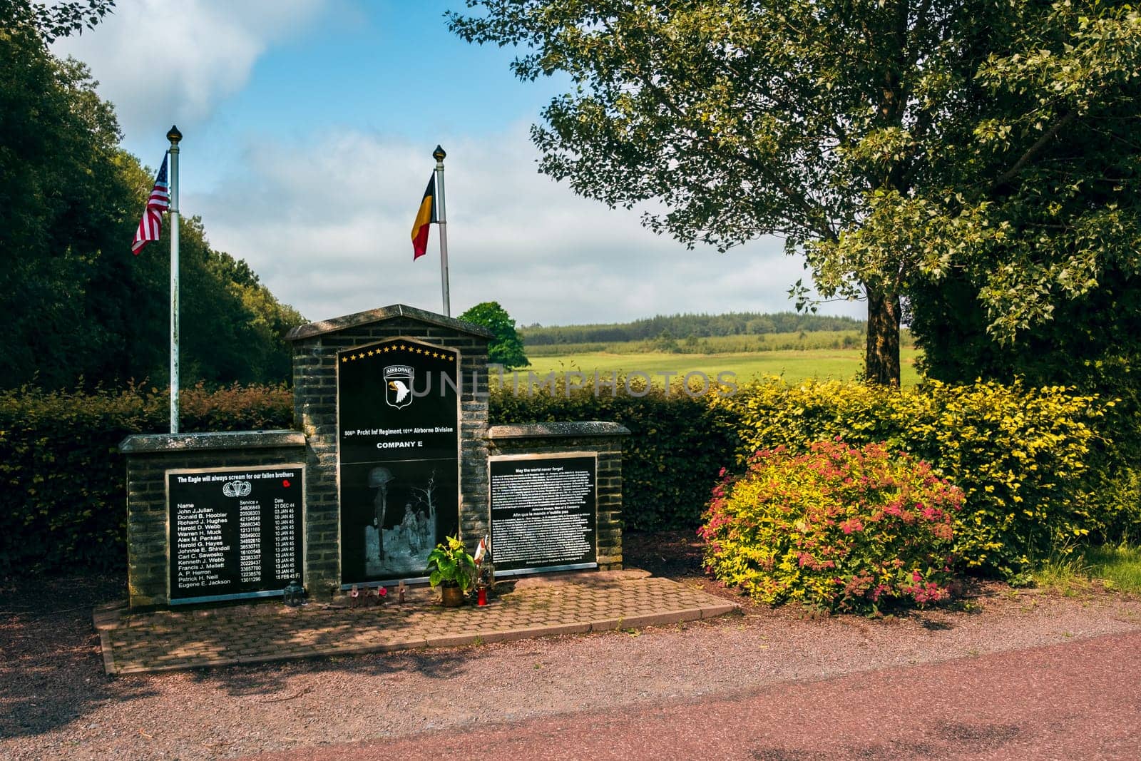 Foy (Bastogne), Belgium - July 17 2021: Battle of the Bulge Memorial E Company, 506th Infantry Regiment, 101st airborne division on a summer day