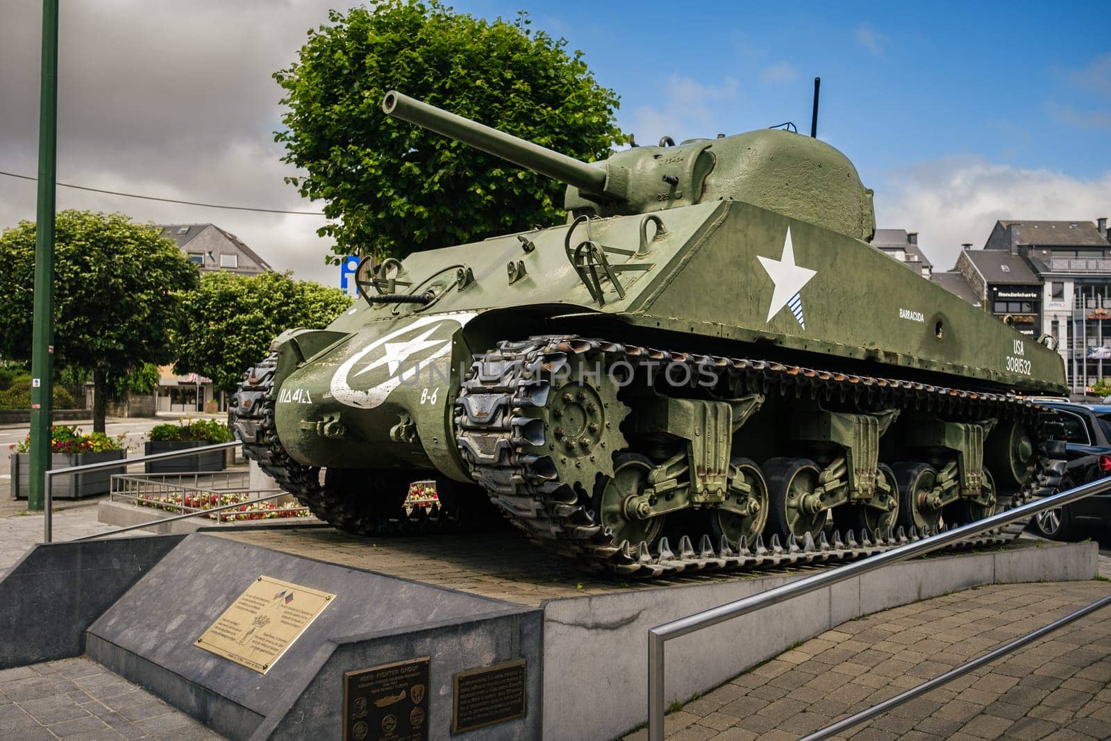 Bastogne, Belgium - July 17 2021: American M4 Sherman tank, Barracuda, on the McAuliffe square. Monument to remember the Battle of the Bulge in the second world war.