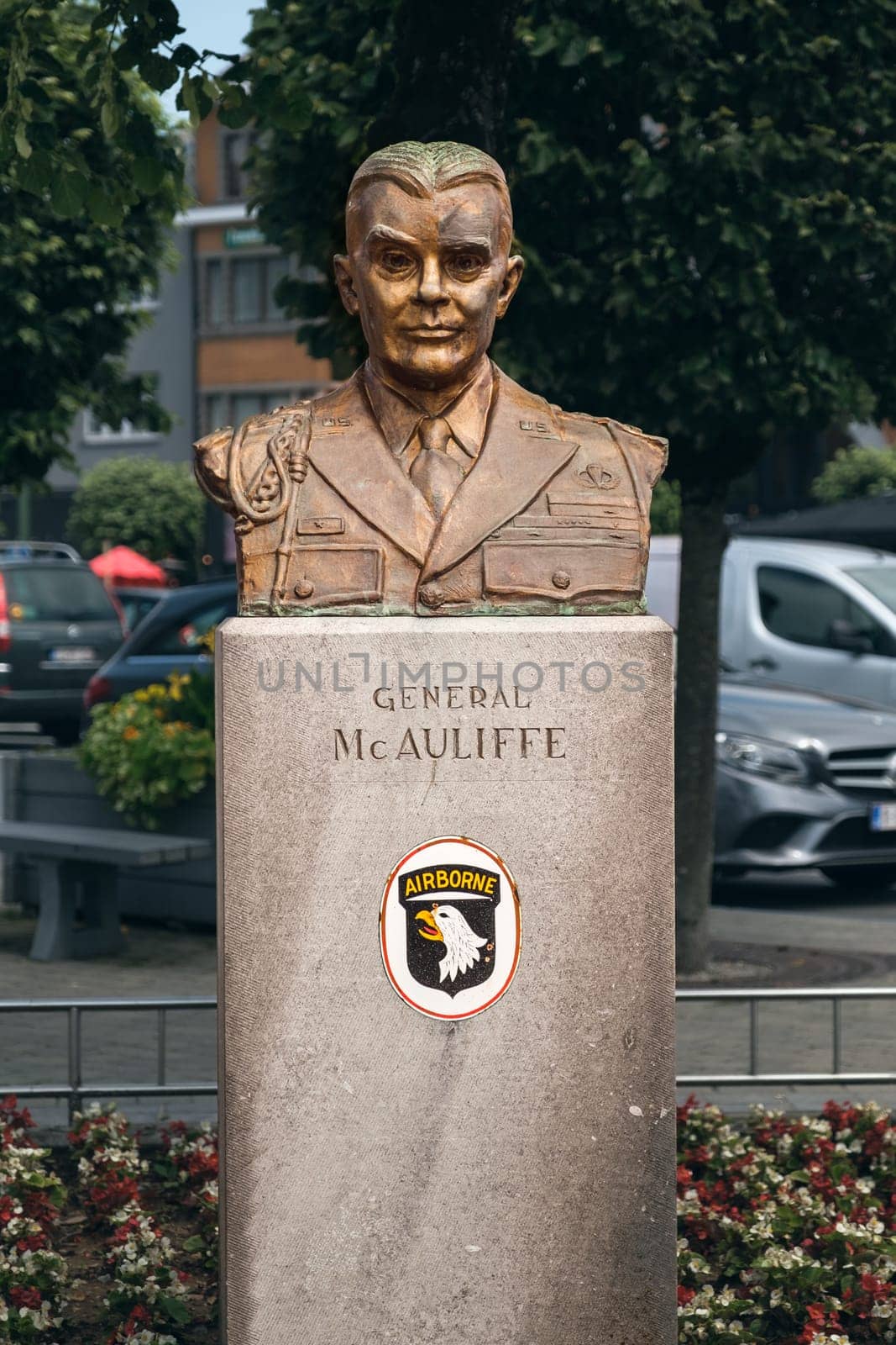 Bastogne, Belgium - July 17 2021: General McAuliffe Memorial on the McAuliffe square in remembrance of the Battle of the Bulge. Nuts!