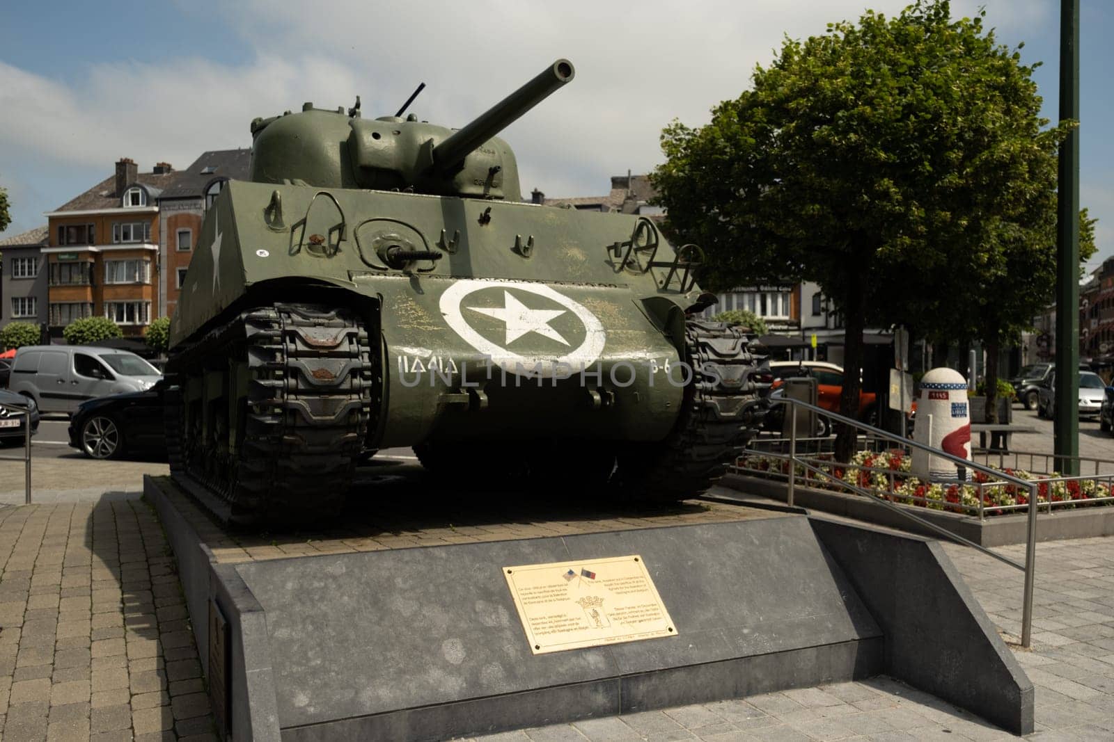 Bastogne, Belgium - July 17 2021: American M4 Sherman tank, Barracuda, on the McAuliffe square. Monument to remember the Battle of the Bulge in the second world war.