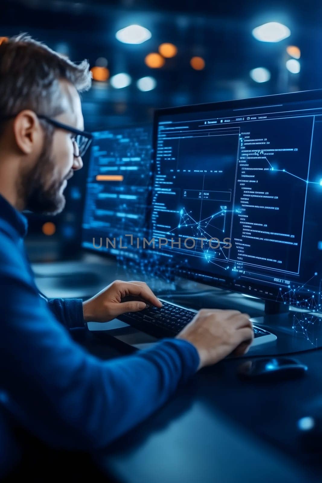 Man behind digital dashboard with system health, performance on digital dashboard.Monitoring automation. AI generated image