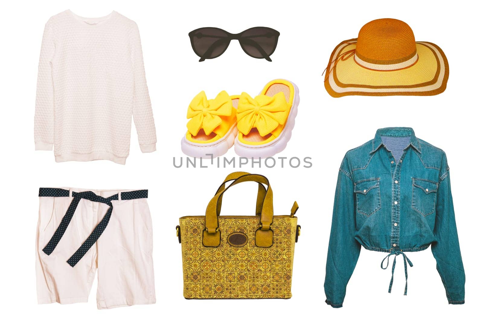 Collage set of woman spring summer clothes isolated. Female girls clothing collection. Women fashion clothing outfit. Jeans, sneaker, jumper, jacket, accessories wear.