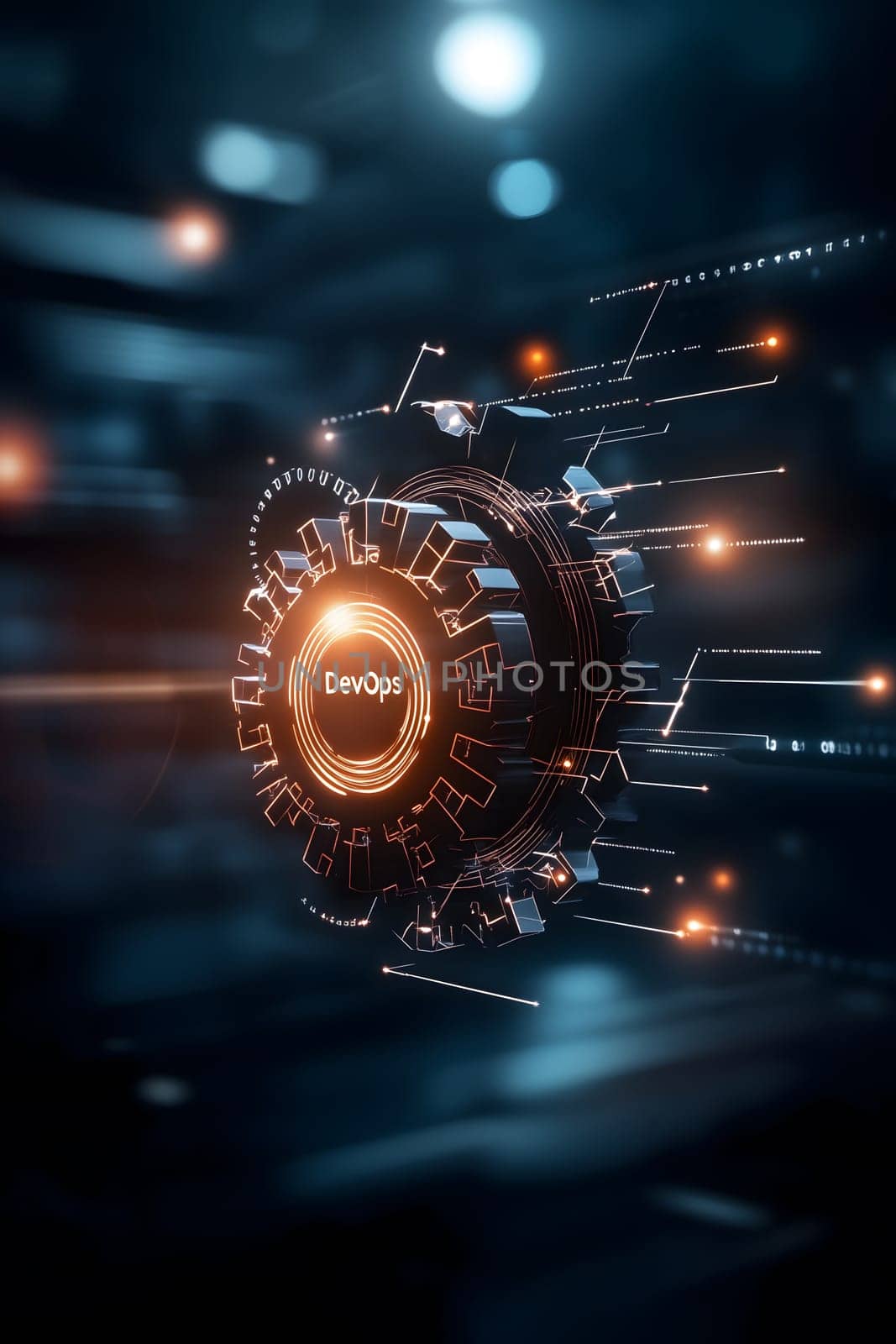 A futuristic and abstract visualization of DevOps tools interconnected by data streams and pipelines representing seamless toolchain integration. Software lifecycle. AI generated image