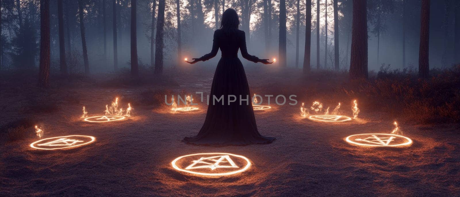 Silhouette of a woman performing a magical ritual surrounded by glowing pentagrams in a misty, dark forest, creating an eerie and mystical atmosphere.