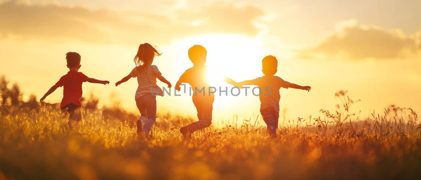 Silhouettes of happy children running through a sunlit field at sunset, capturing the essence of childhood freedom and summer fun.