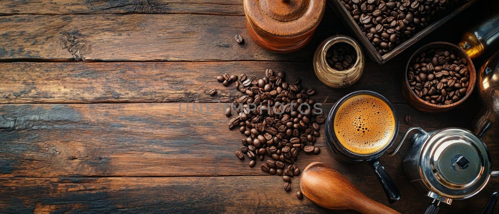Aromatic coffee beans and brewing equipment on wooden table, creating a cozy atmosphere for coffee lovers. Copy space available.