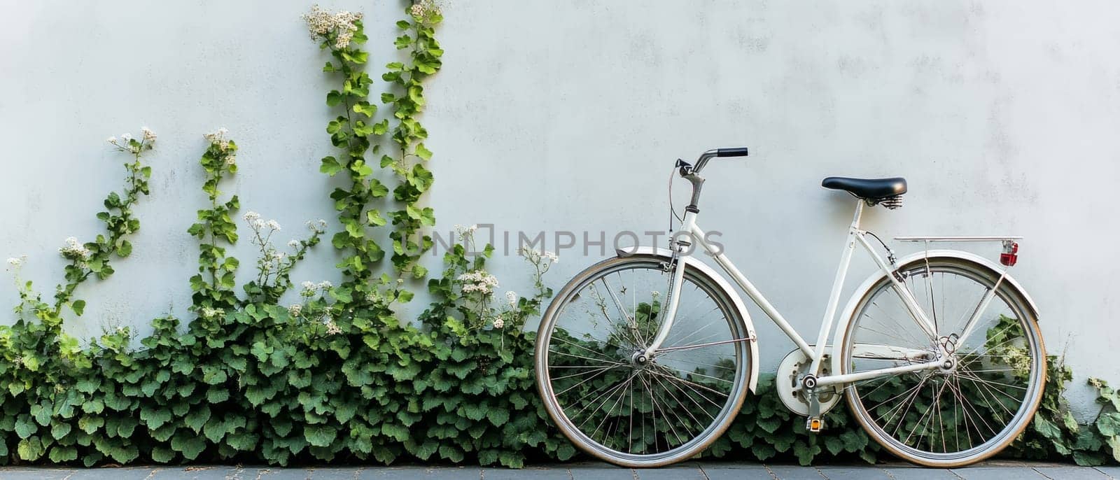Vintage white bicycle parked against light blue wall with climbing ivy, creating a charming urban scene. Copy space available.