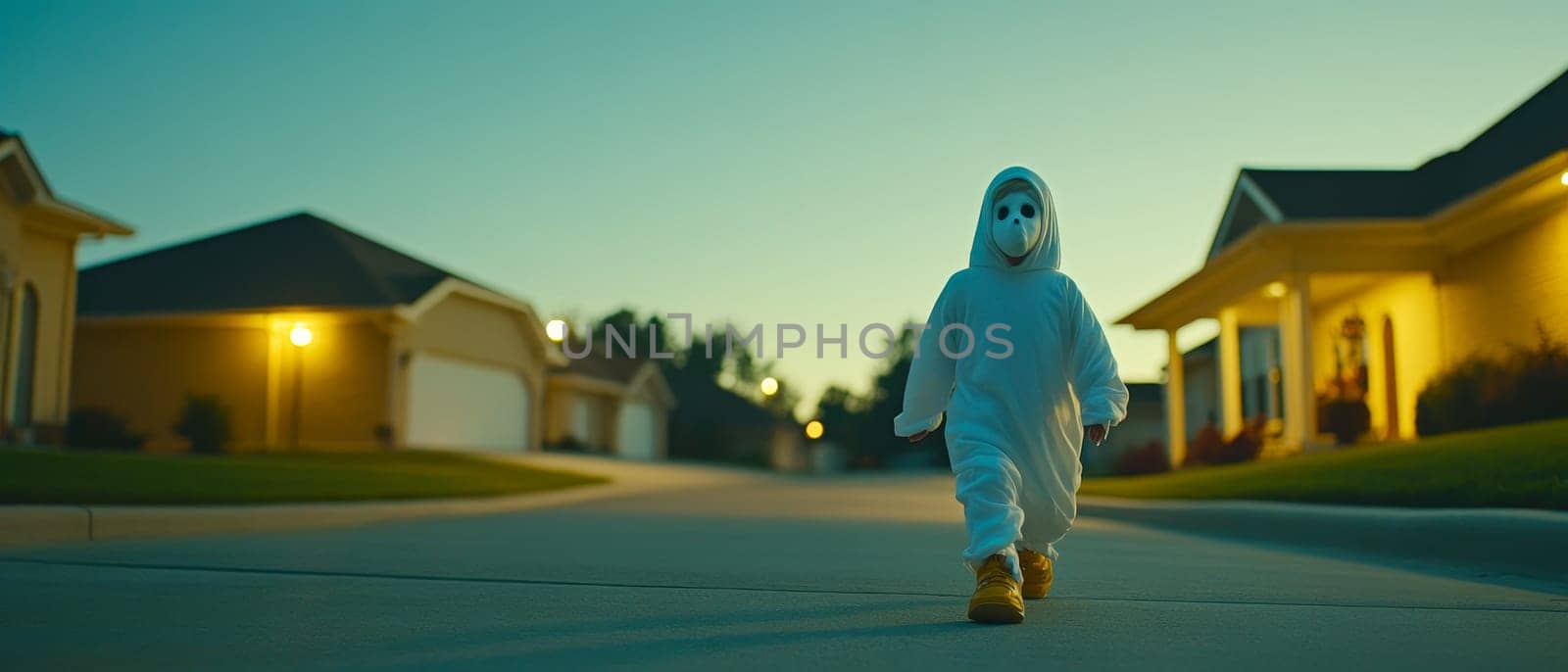 Figure in white ghost costume walking on suburban street at dusk, with illuminated houses creating a spooky Halloween atmosphere.