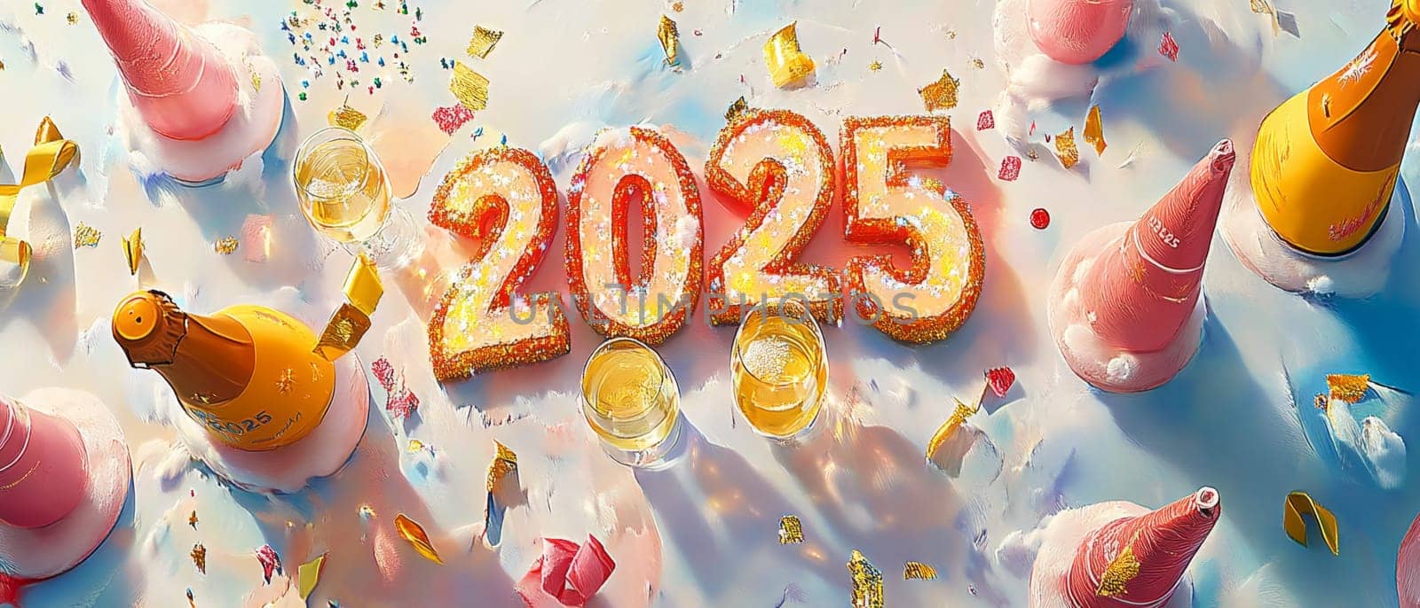 Festive New Years Eve 2025 party scene with glittery numbers, champagne bottles, confetti, and colorful party decorations against a bright background.