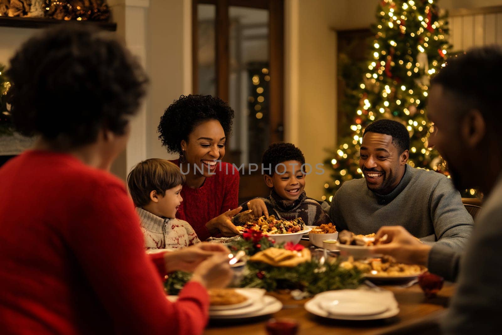 A family enjoys a festive dinner with laughter and delicious dishes in a warmly decorated living room during the holiday season.