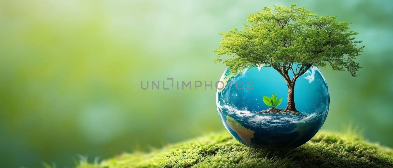 Conceptual image of a tree growing on a miniature Earth globe, symbolizing environmental conservation and global sustainability.