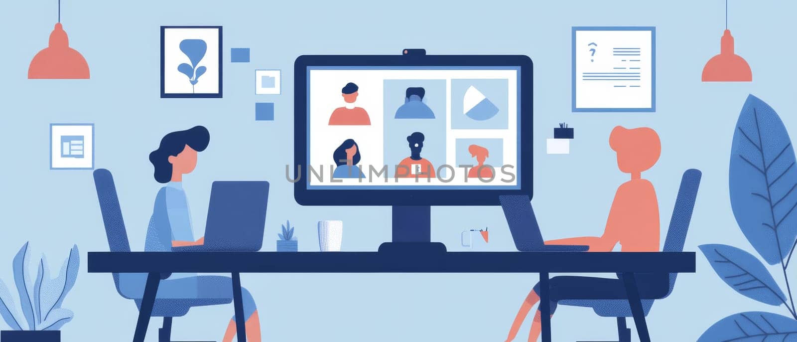Illustration of two people participating in a virtual conference call from home, showcasing modern work from home and online communication concepts.