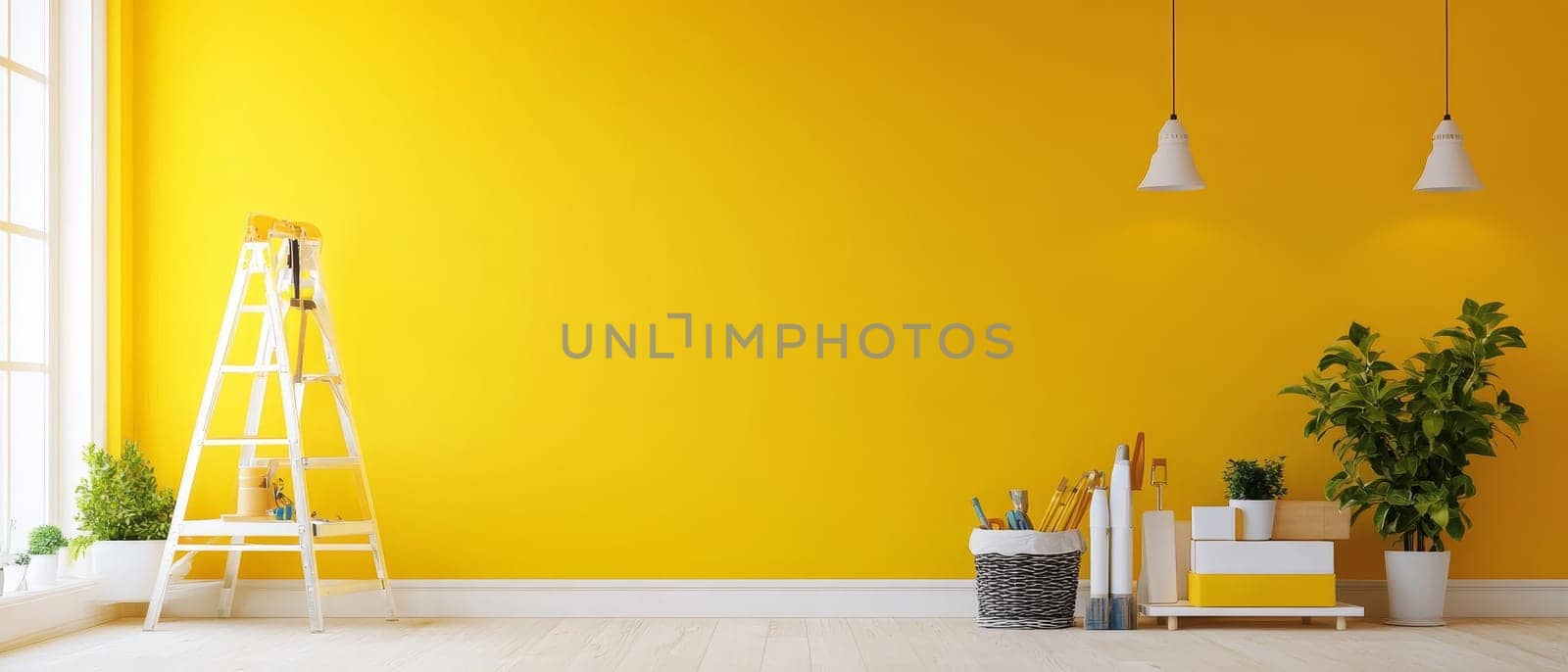 Empty yellow room interior with white ladder, pendant lamps, and office supplies, offering ample copy space for text or design elements.