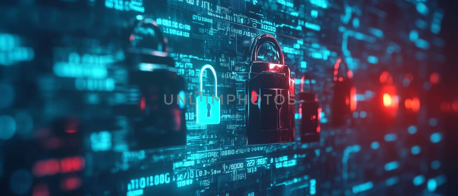 Digital security visualization with glowing padlock icons and binary code, representing data protection and cybersecurity in blue and red tones.