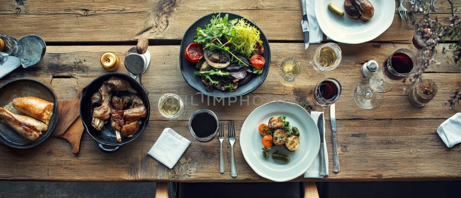 Variety of delicious dishes served on rustic wooden table, including salads, meats, and wine, creating an inviting dining atmosphere.