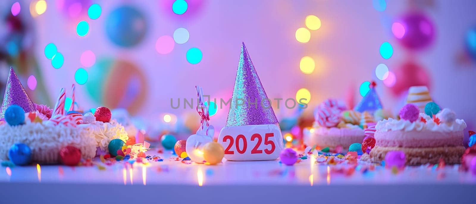Festive New Years Eve party scene for 2025 with glittery party hat, cupcakes, and vibrant decorations against a blurred background of colorful bokeh lights.