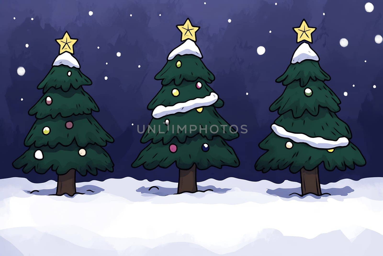 Three vibrant Christmas trees adorned with ornaments and snow stand in a peaceful winter setting under a starry sky.