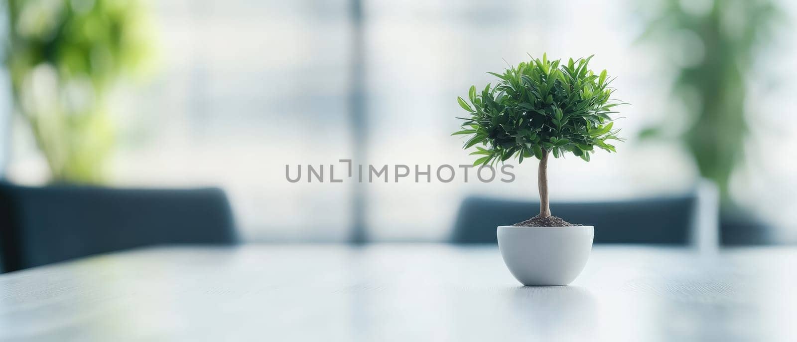 Small potted tree on white table in minimalist office interior, symbolizing growth and nature in workplace. Copy space available.