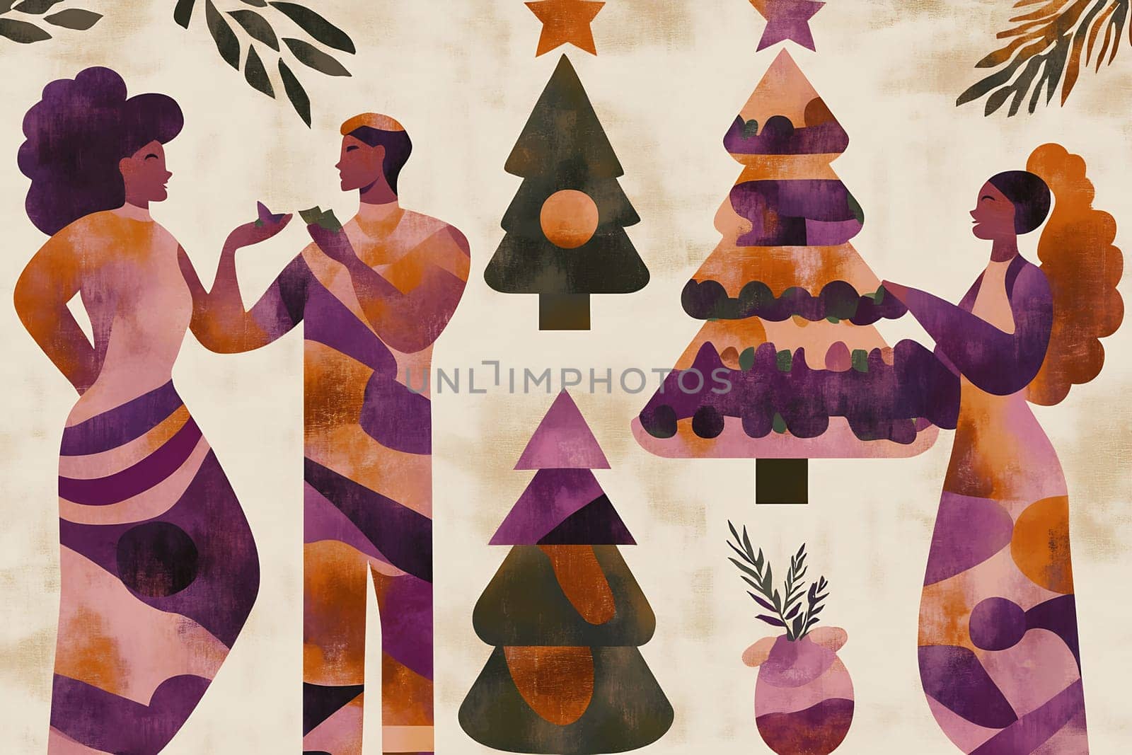 Three individuals engage in festive preparations surrounded by decorated trees and holiday elements in a vibrant atmosphere.