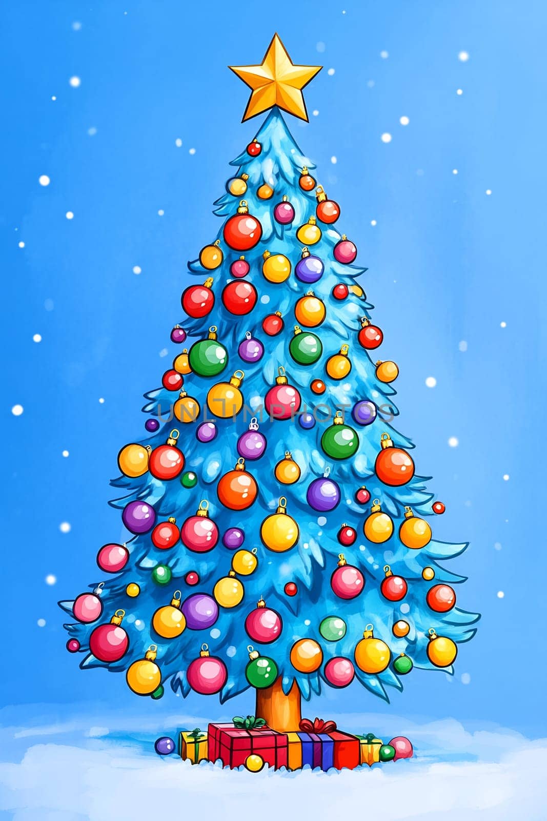 A vibrant Christmas tree stands tall, adorned with shiny ornaments, surrounded by colorful gifts, evoking holiday cheer.