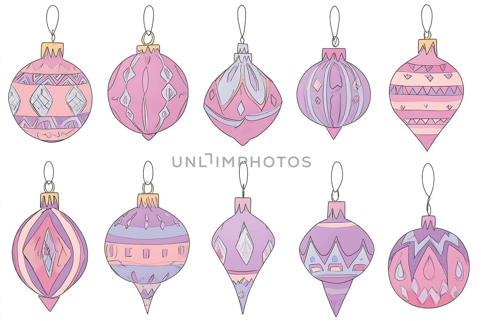 A collection of pink and lavender Christmas ornaments featuring intricate patterns, perfect for adding festive cheer to holiday decor.