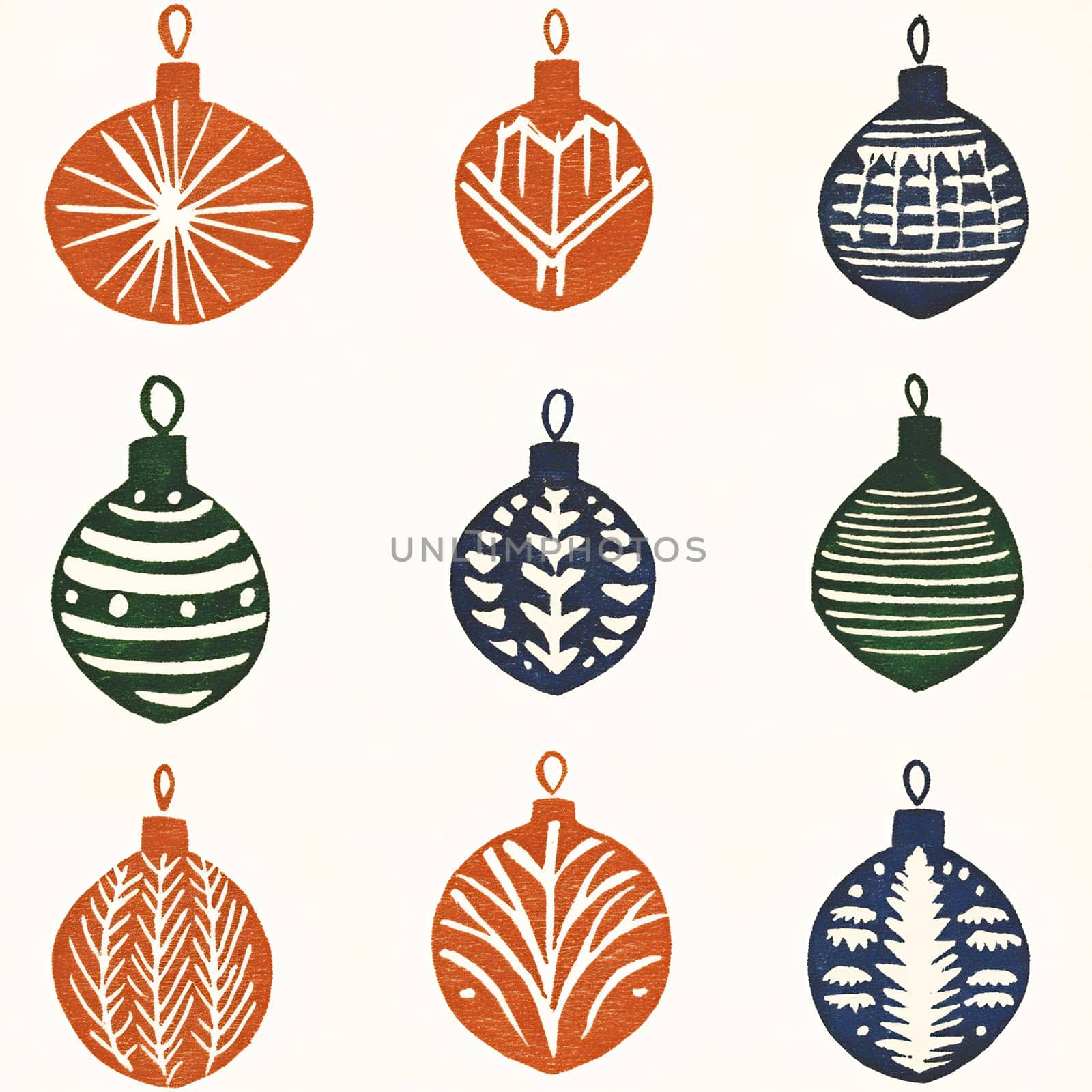 Decorative Christmas ornaments arranged in a neat grid exhibit various patterns, enhancing holiday spirit and charm.