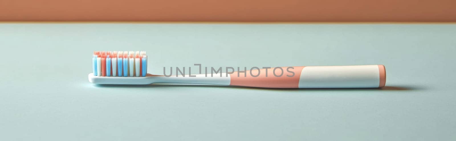 Toothbrush with blue handle on light blue background, concept of dental hygiene, AI Generated