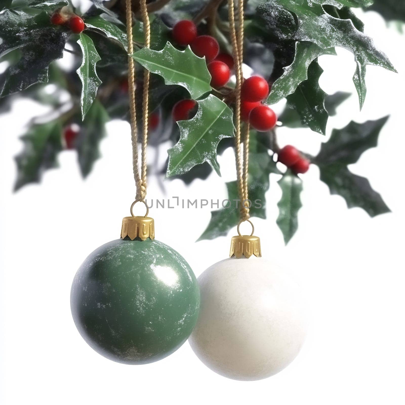 Two beautiful green and white ornaments dangle from a holly branch adorned with red berries, capturing the holiday spirit.