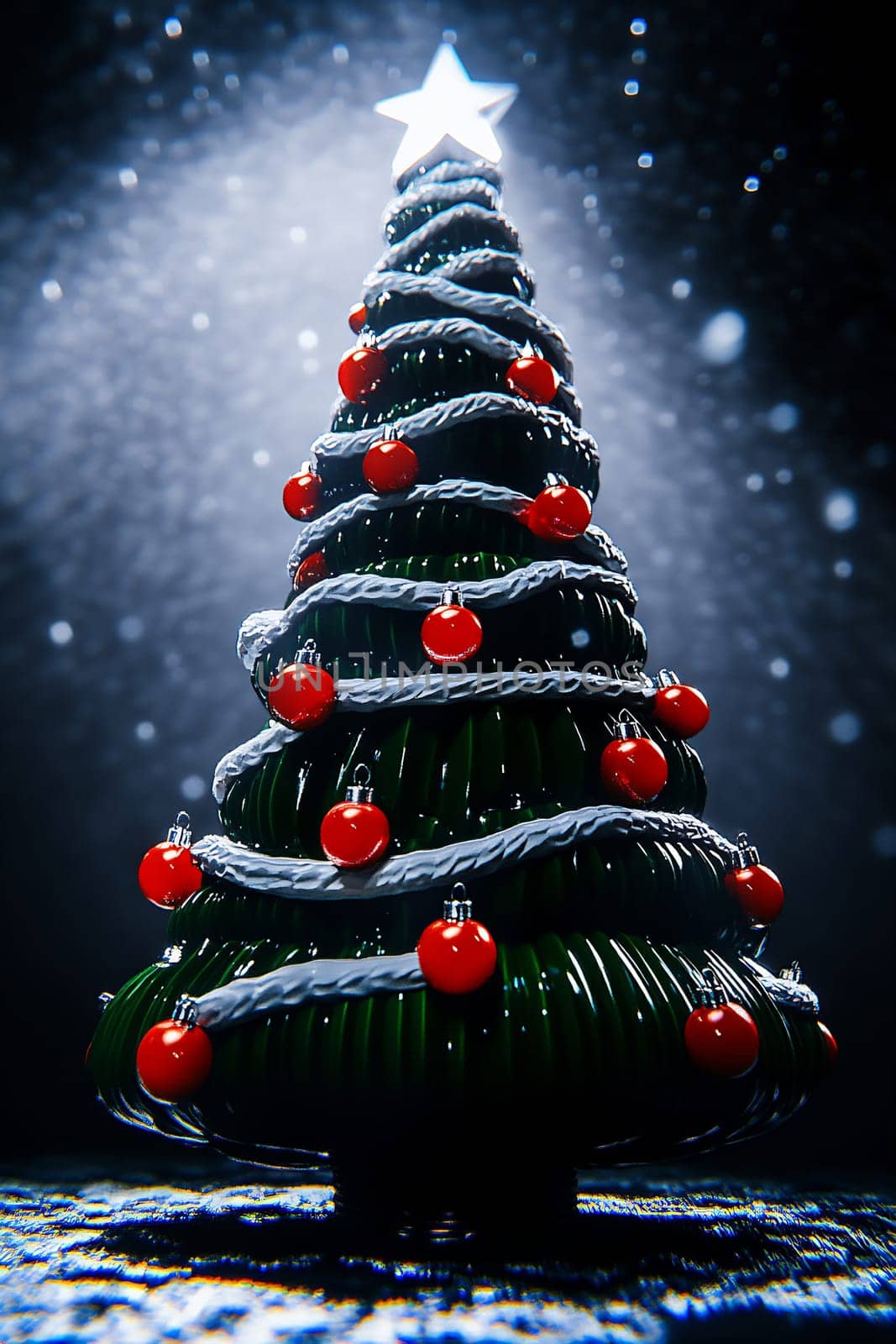 The Christmas tree stands adorned with red ornaments and a star, shimmering under soft lights in a winter setting.
