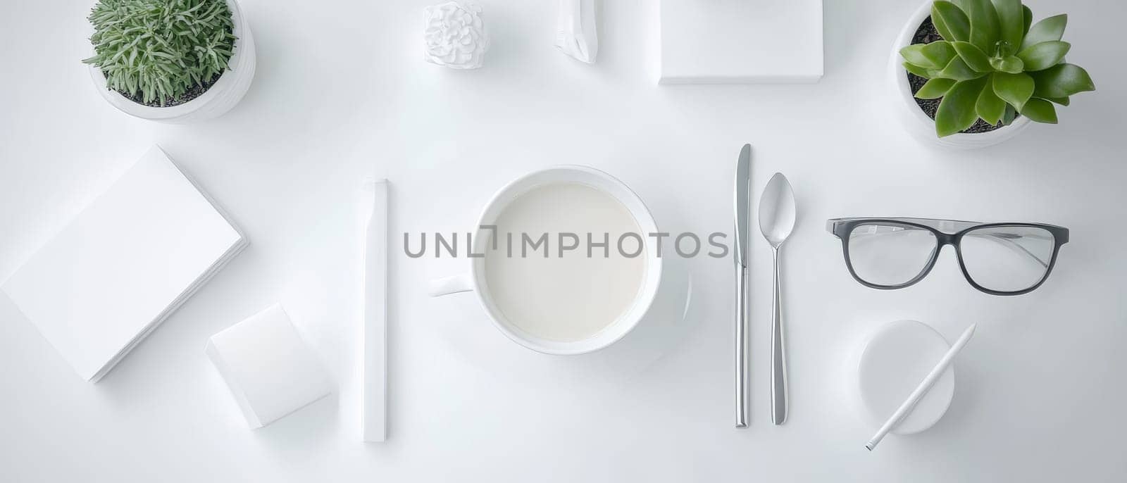 Top view of a clean white desk with coffee cup, stationery, eyeglasses, and small potted plants, perfect for showcasing a modern minimalist workspace.