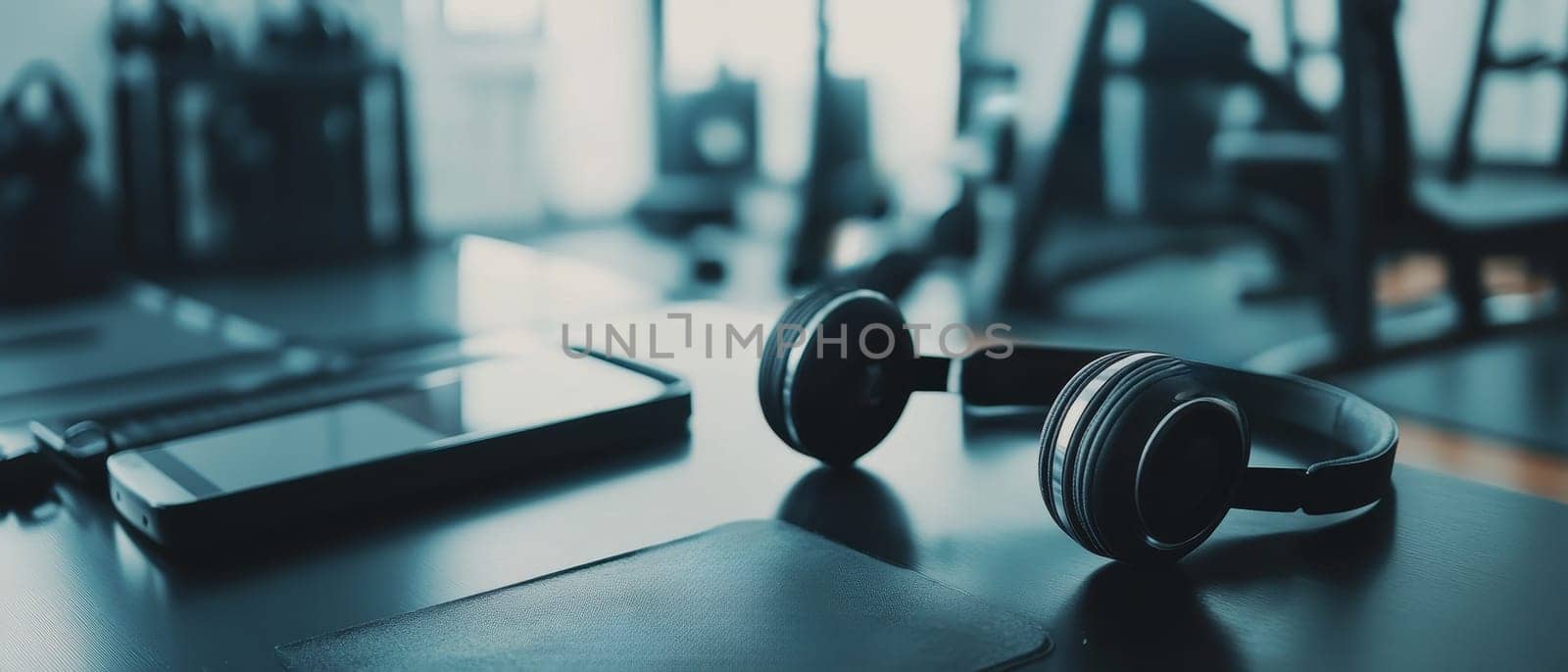 Closeup of headphones and smartphone on sleek desk, symbolizing modern work environment and digital connectivity. Copy space available.