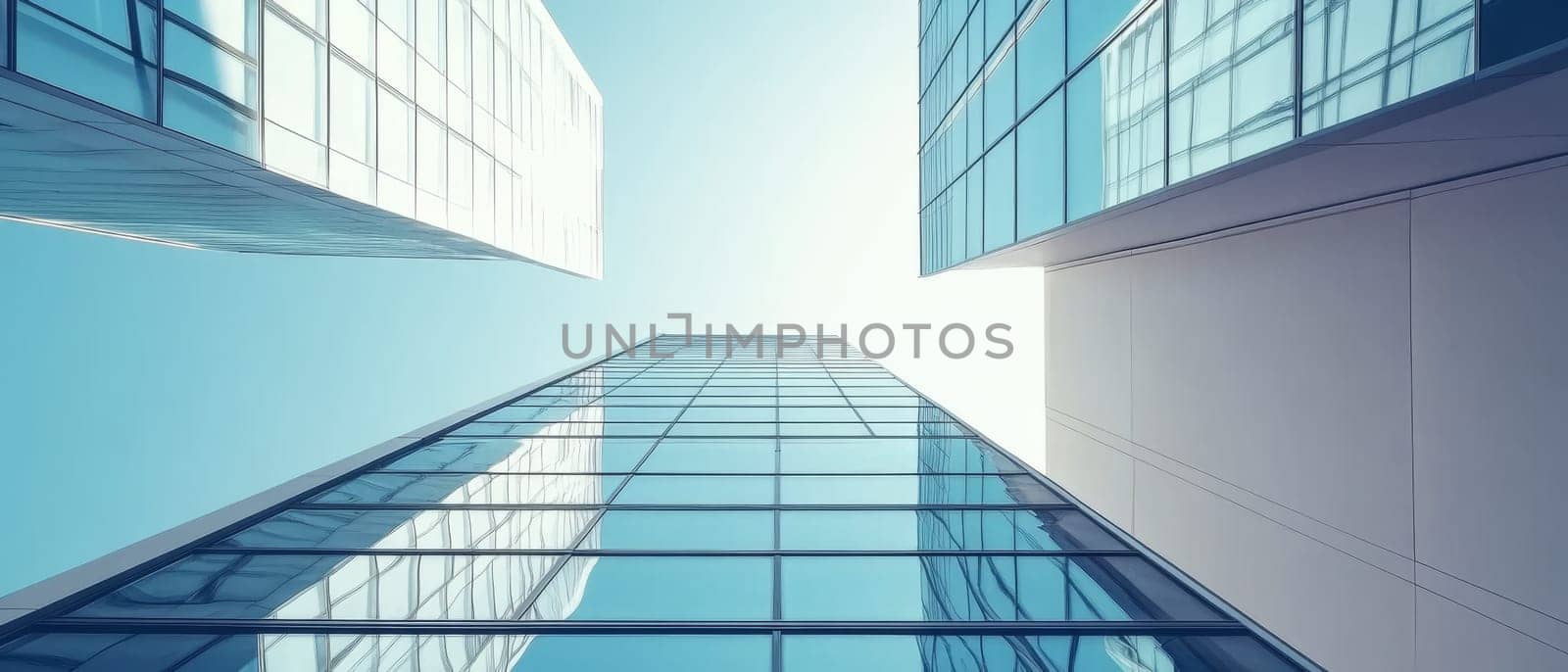 Sleek glass skyscrapers reaching towards a clear blue sky, showcasing contemporary urban architecture and design. Copy space available.