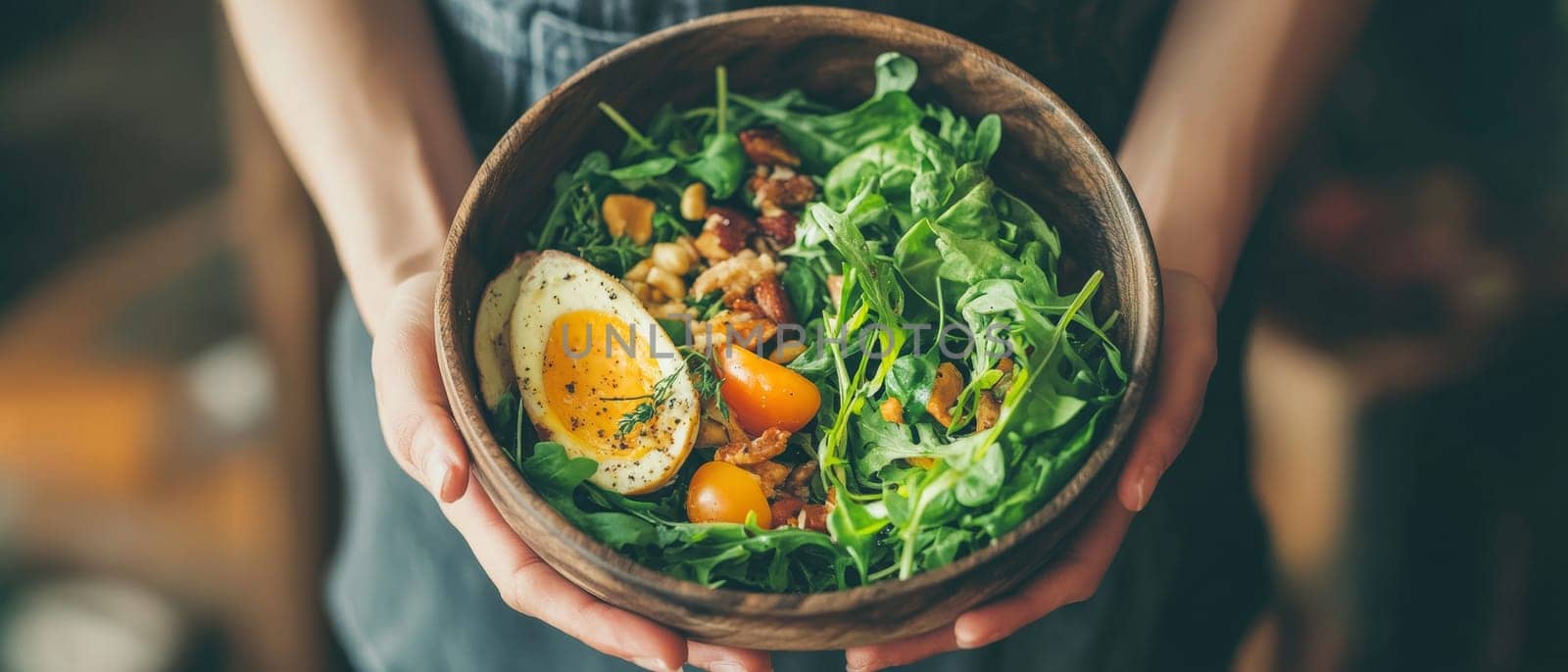 Close up of hands holding a wooden bowl filled with fresh green salad, boiled egg, and colorful vegetables, representing a balanced and nutritious meal.