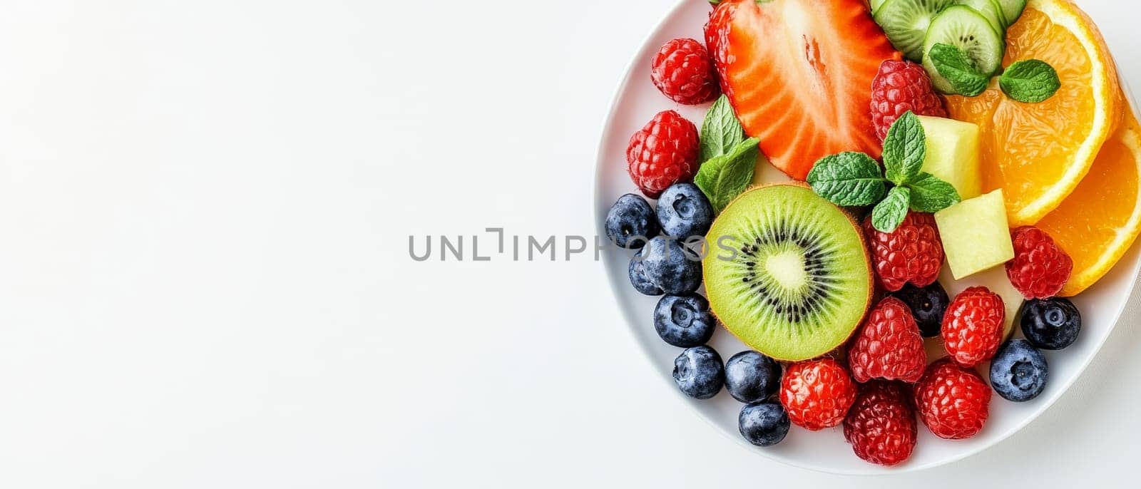 Vibrant assortment of fresh fruits including strawberries, raspberries, blueberries, kiwi, and orange slices on a white plate, with ample copy space.