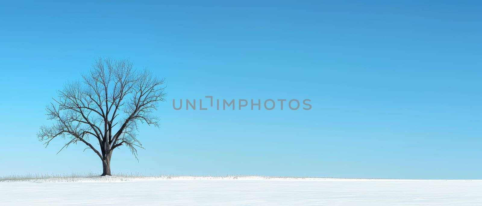 A lone tree silhouetted against a colorful winter sunset. The snow-covered field stretches out towards the horizon