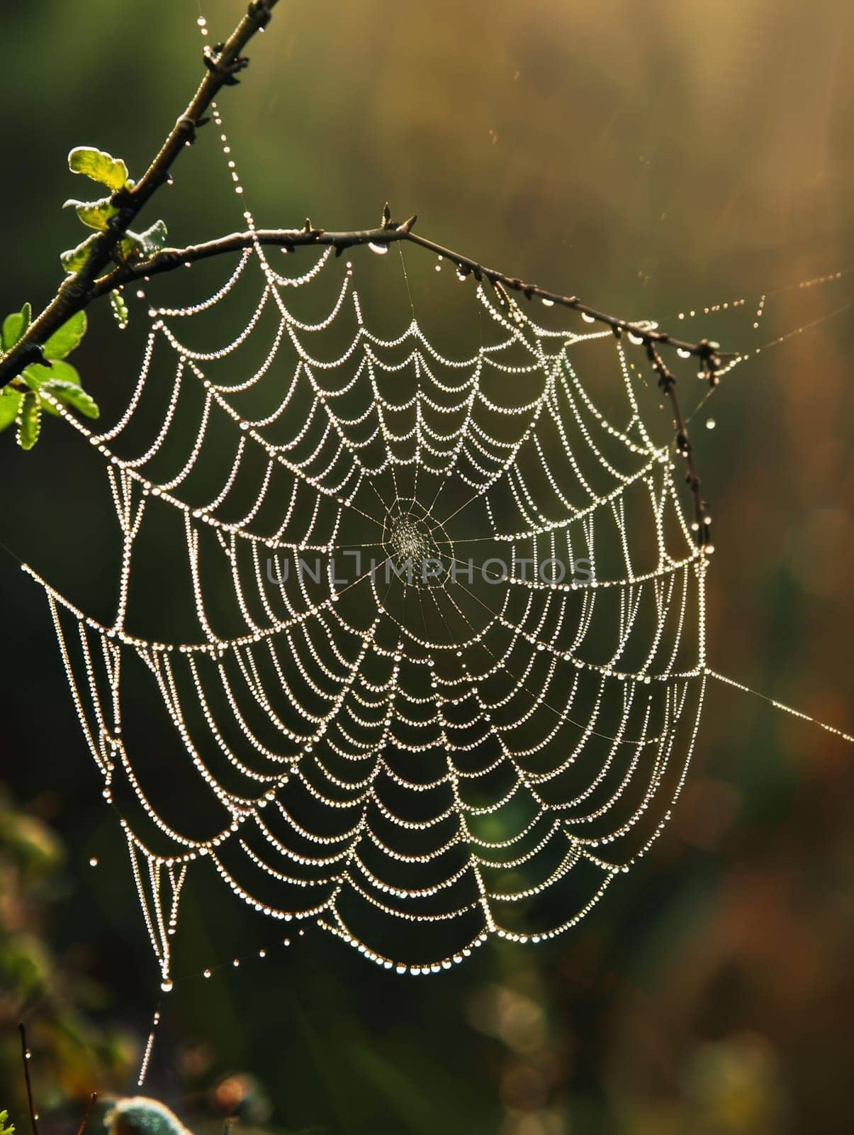 A dew-kissed spider web glistens in the golden morning light, showcasing nature intricate design