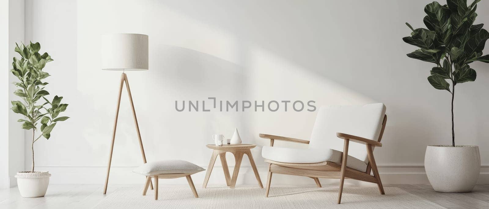 Bright, airy Scandinavian style living room featuring white walls, wooden furniture, and lush green plants, embodying modern minimalist design.