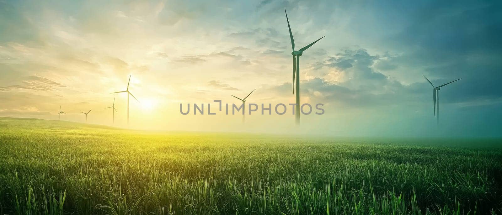 Majestic wind turbines rising from golden wheat field at dawn, showcasing renewable energy and sustainable agriculture in harmony.