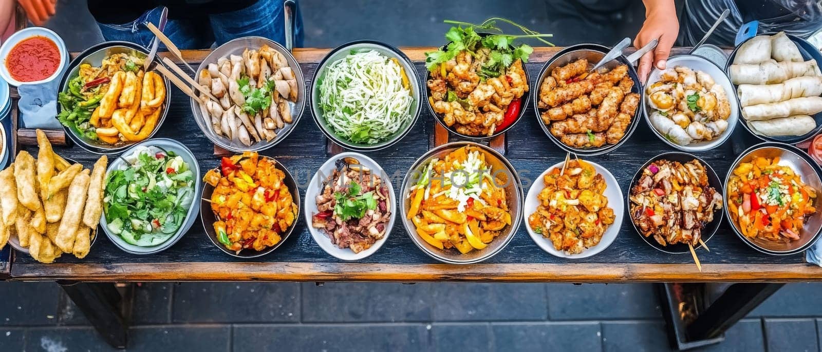 Colorful array of Asian street food dishes served in bowls on rustic wooden table, showcasing variety of flavors and culinary traditions.