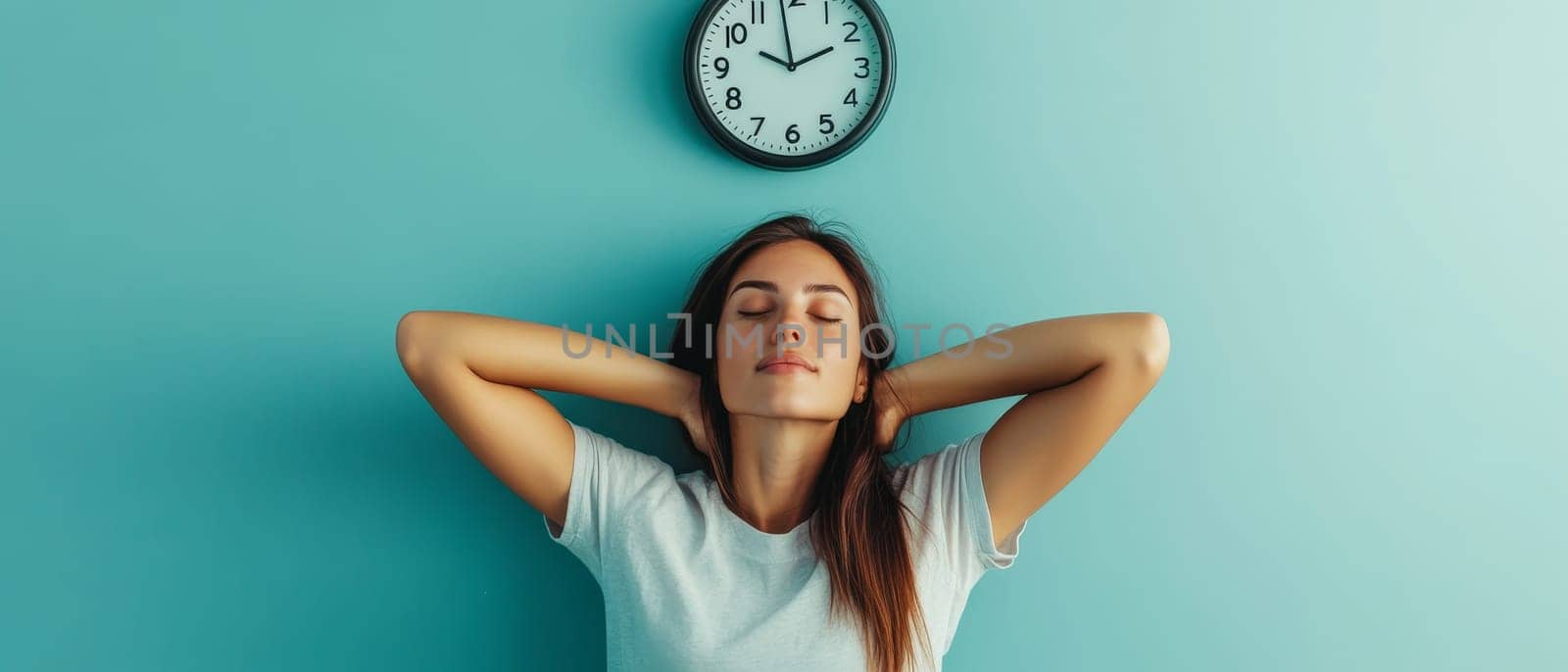 Young woman with closed eyes relaxing against turquoise wall with clock, symbolizing work life balance and stress management.