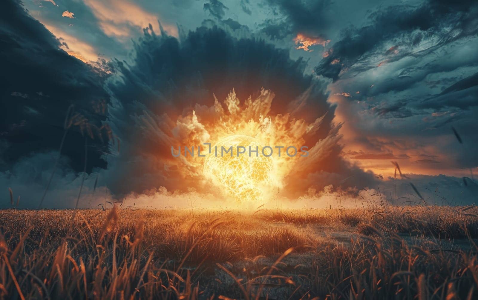 A dramatic nuclear explosion illuminates a dark, cloudy sky over a serene, misty field at dusk