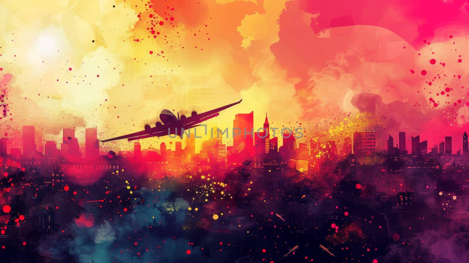 A painting of a small airplane flying over a city at night. There are explosions below the plane, casting light on the dark clouds