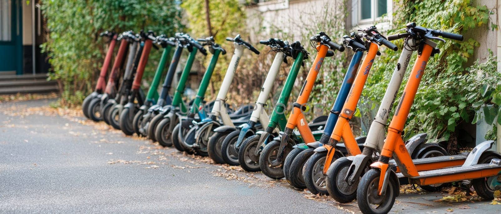 Row of multicolored electric scooters lined up on urban sidewalk, representing modern eco friendly transportation and shared mobility concept.
