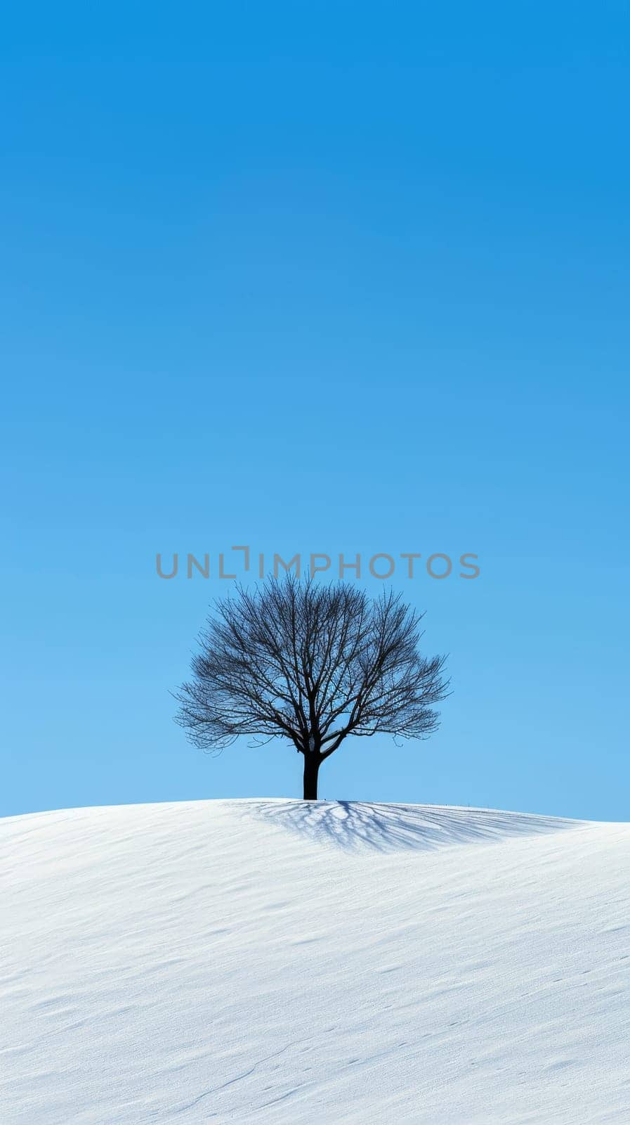 A lone tree silhouetted against a colorful winter sunset. The snow-covered field stretches out towards the horizon