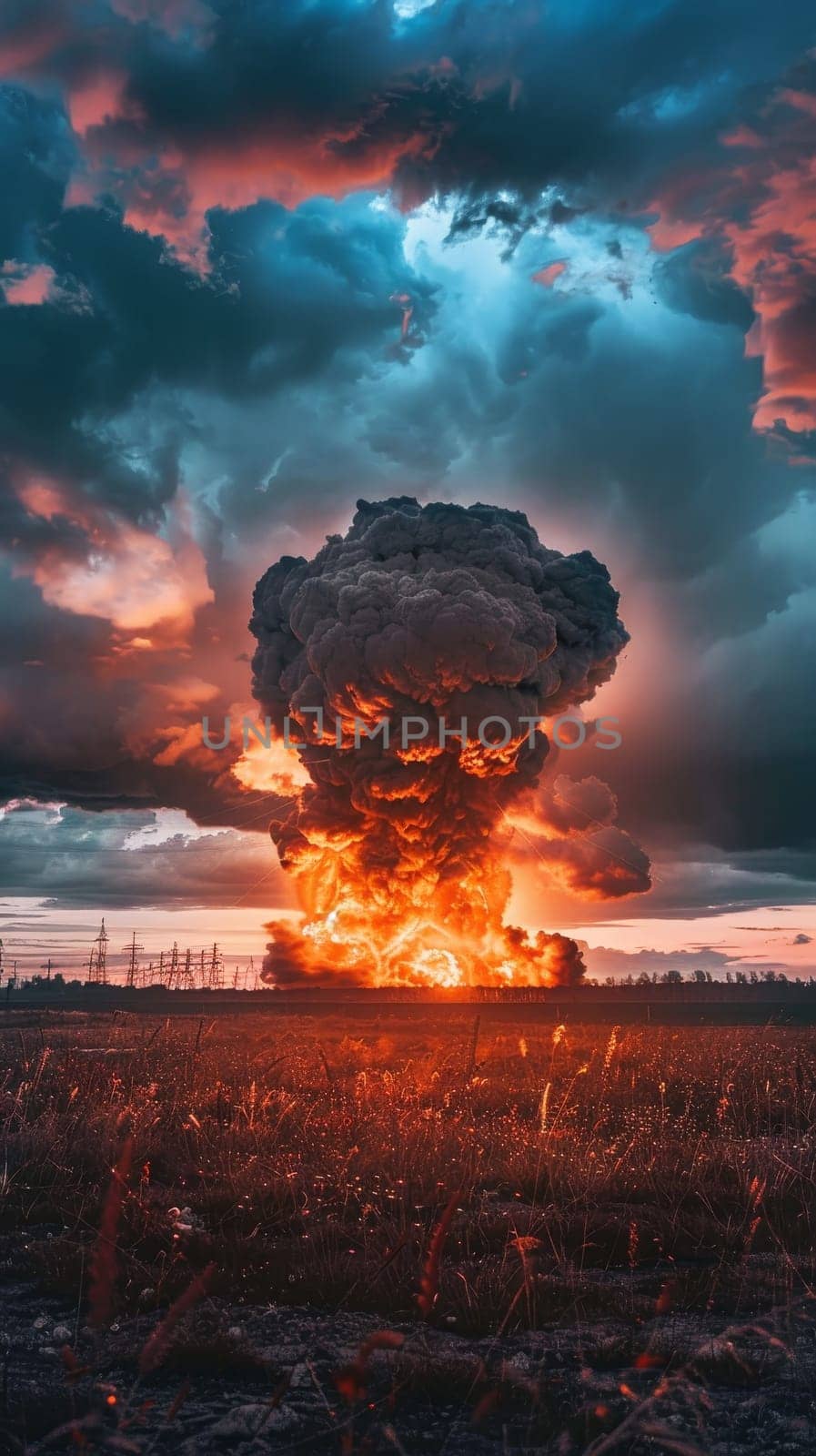 A dramatic nuclear explosion illuminates a dark, cloudy sky over a serene, misty field at dusk
