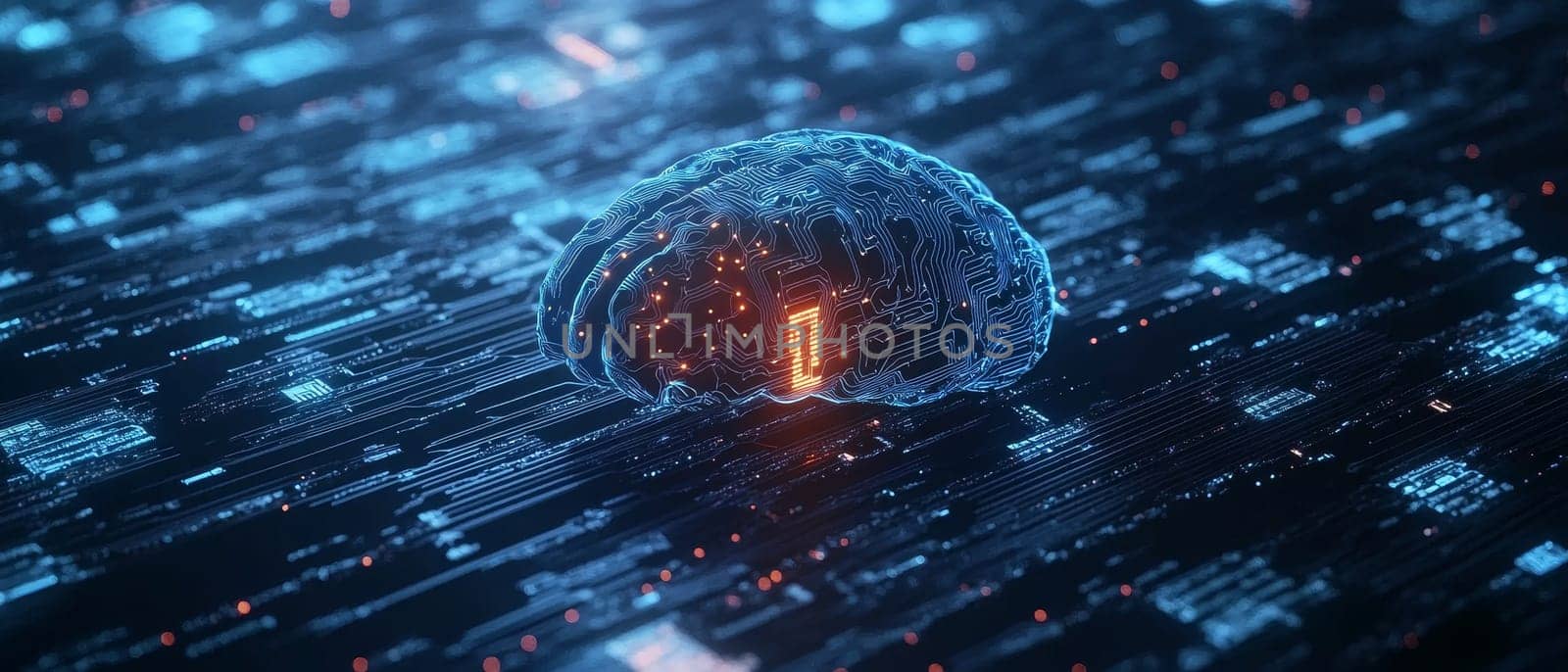 Digital visualization of a brain made of glowing circuits on dark background, representing artificial intelligence and machine learning technology.